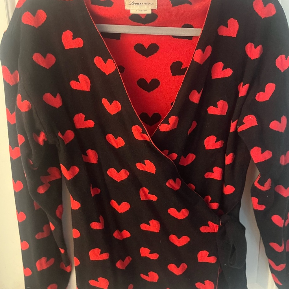 Lovers + Friends Black Heart Print on Red Knit Top